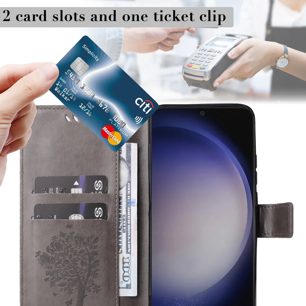 For Samsung Galaxy S25 / Galaxy S24 Phone Case with Stand Cat Tree Pattern Leather Wallet Mobile Cover - Grey - 6