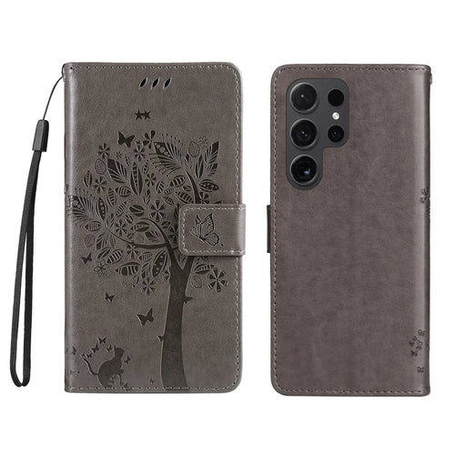 For Samsung Galaxy S24 Ultra Phone Case with Stand Cat Tree Pattern Leather Wallet Mobile Cover - Grey - 1