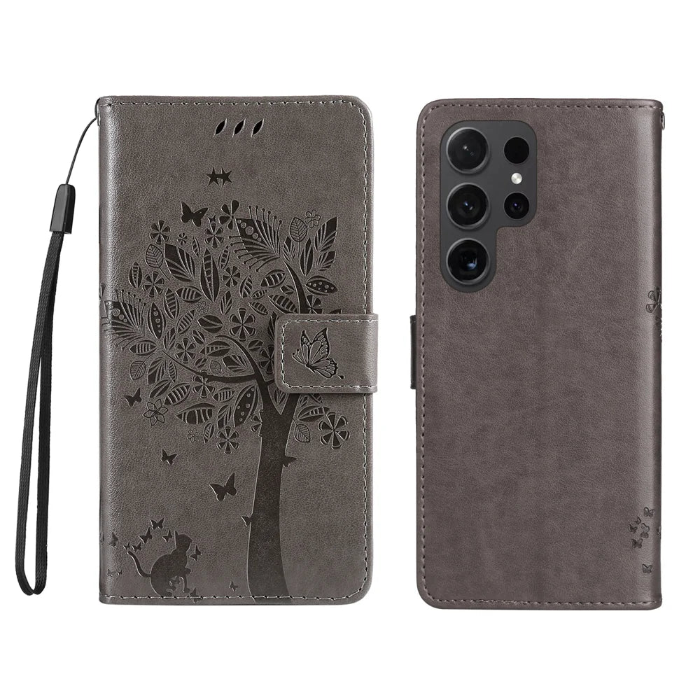 For Samsung Galaxy S24 Ultra Phone Case with Stand Cat Tree Pattern Leather Wallet Mobile Cover - Grey - 1