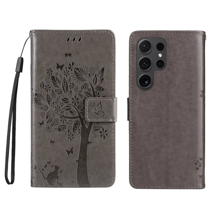 For Samsung Galaxy S24 Ultra Phone Case with Stand Cat Tree Pattern Leather Wallet Mobile Cover - Grey - 1