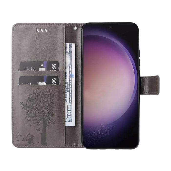For Samsung Galaxy S24 Ultra Phone Case with Stand Cat Tree Pattern Leather Wallet Mobile Cover - Grey - 2
