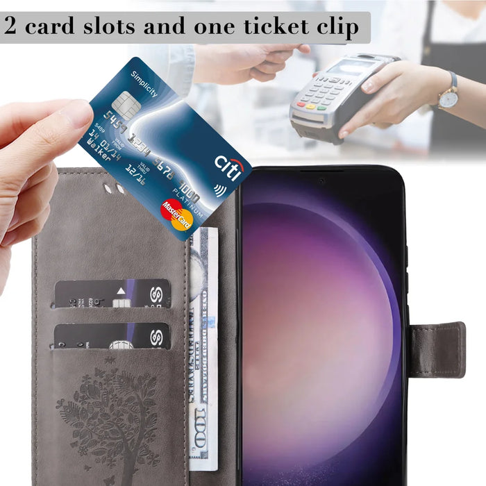 For Samsung Galaxy S24 Ultra Phone Case with Stand Cat Tree Pattern Leather Wallet Mobile Cover - Grey - 6