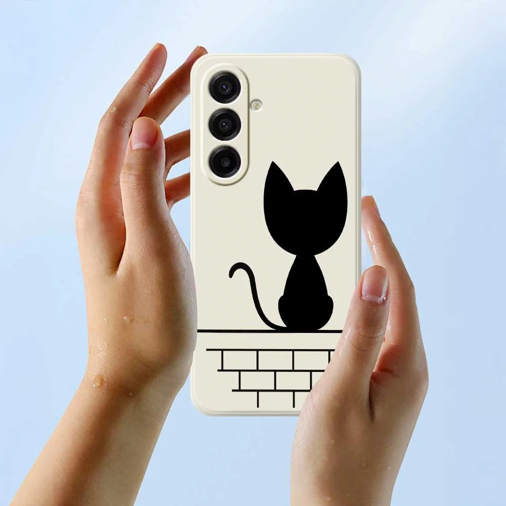 For Samsung Galaxy A18 5G / A18 4G / A17 5G / A17 4G Case Black Cat on the Wall Pattern Printing Straight Edge TPU Phone Back Cover - Beige - 6