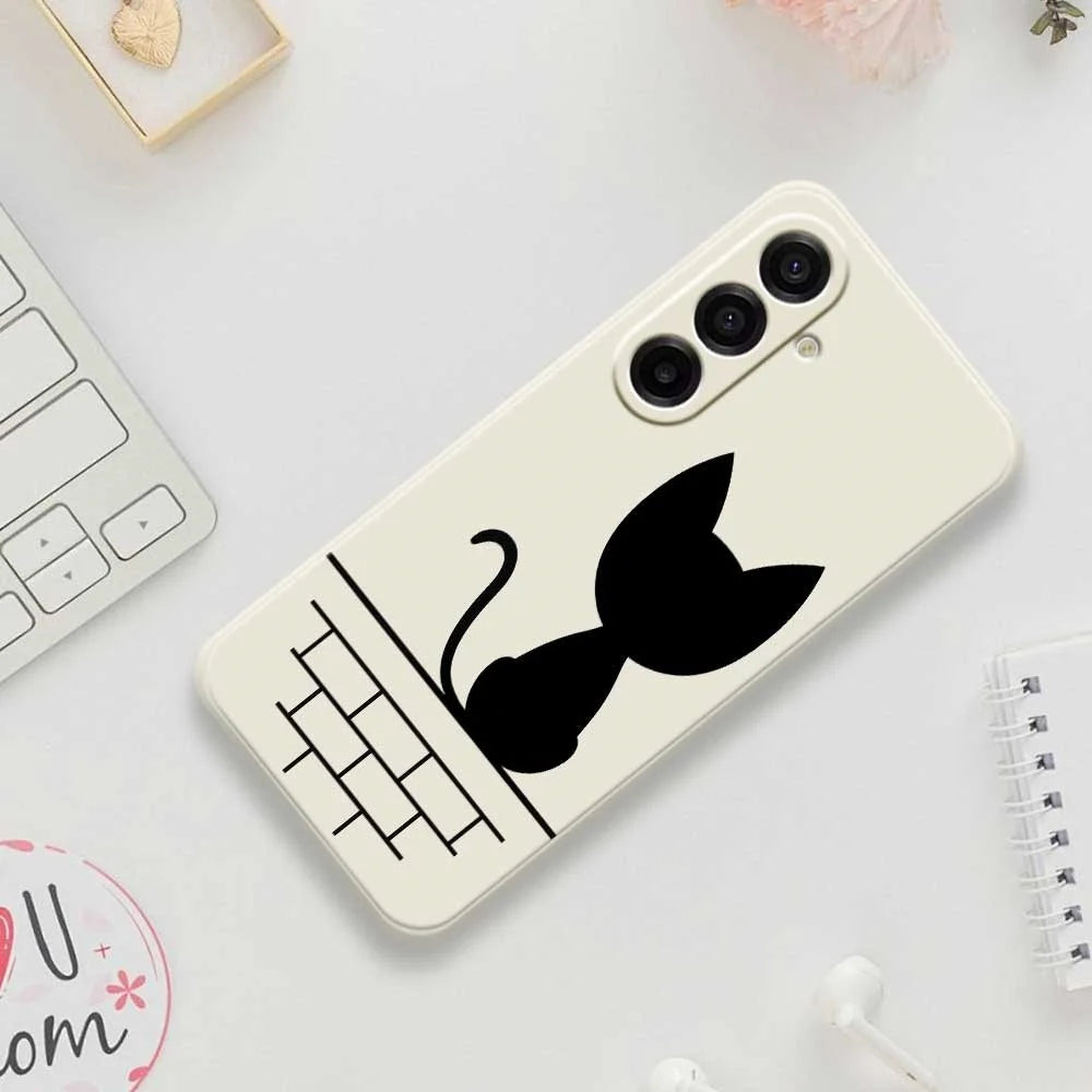 For Samsung Galaxy A18 5G / A18 4G / A17 5G / A17 4G Case Black Cat on the Wall Pattern Printing Straight Edge TPU Phone Back Cover - Beige - 7