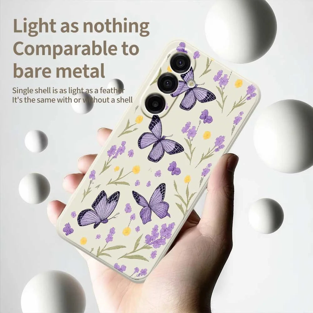 For Samsung Galaxy A18 5G / A18 4G / A17 5G / A17 4G Case Purple Butterflies Pattern Printing Straight Edge TPU Phone Back Cover - Beige - 4
