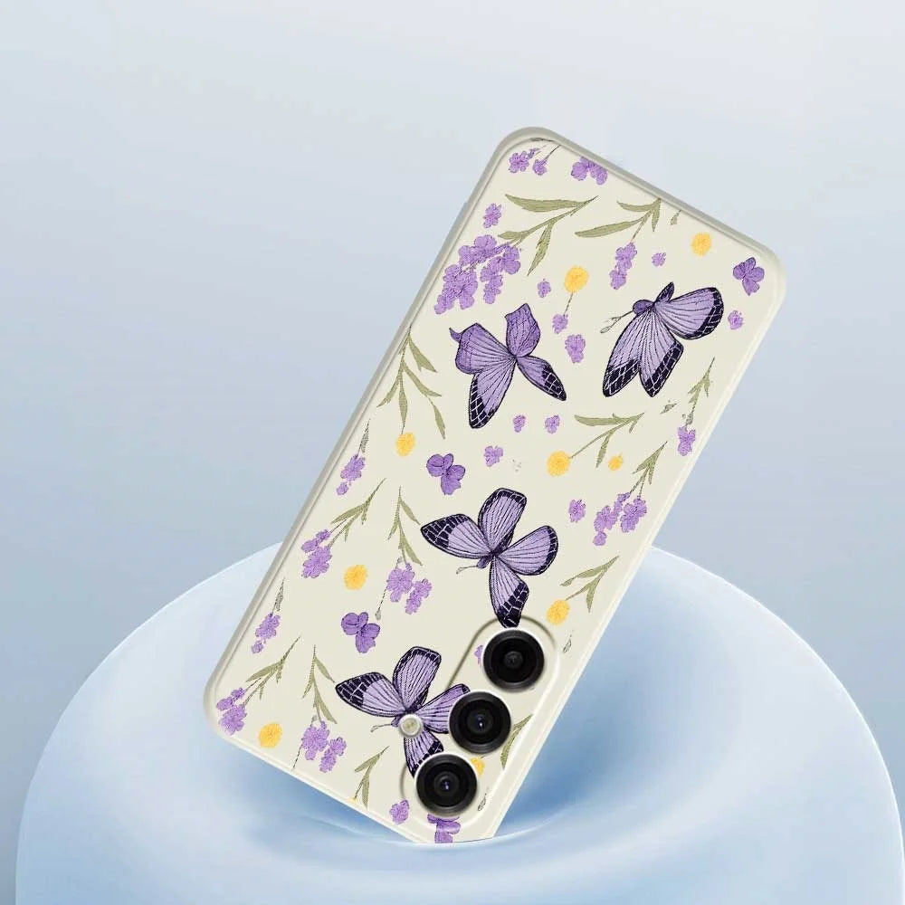 For Samsung Galaxy A18 5G / A18 4G / A17 5G / A17 4G Case Purple Butterflies Pattern Printing Straight Edge TPU Phone Back Cover - Beige - 5