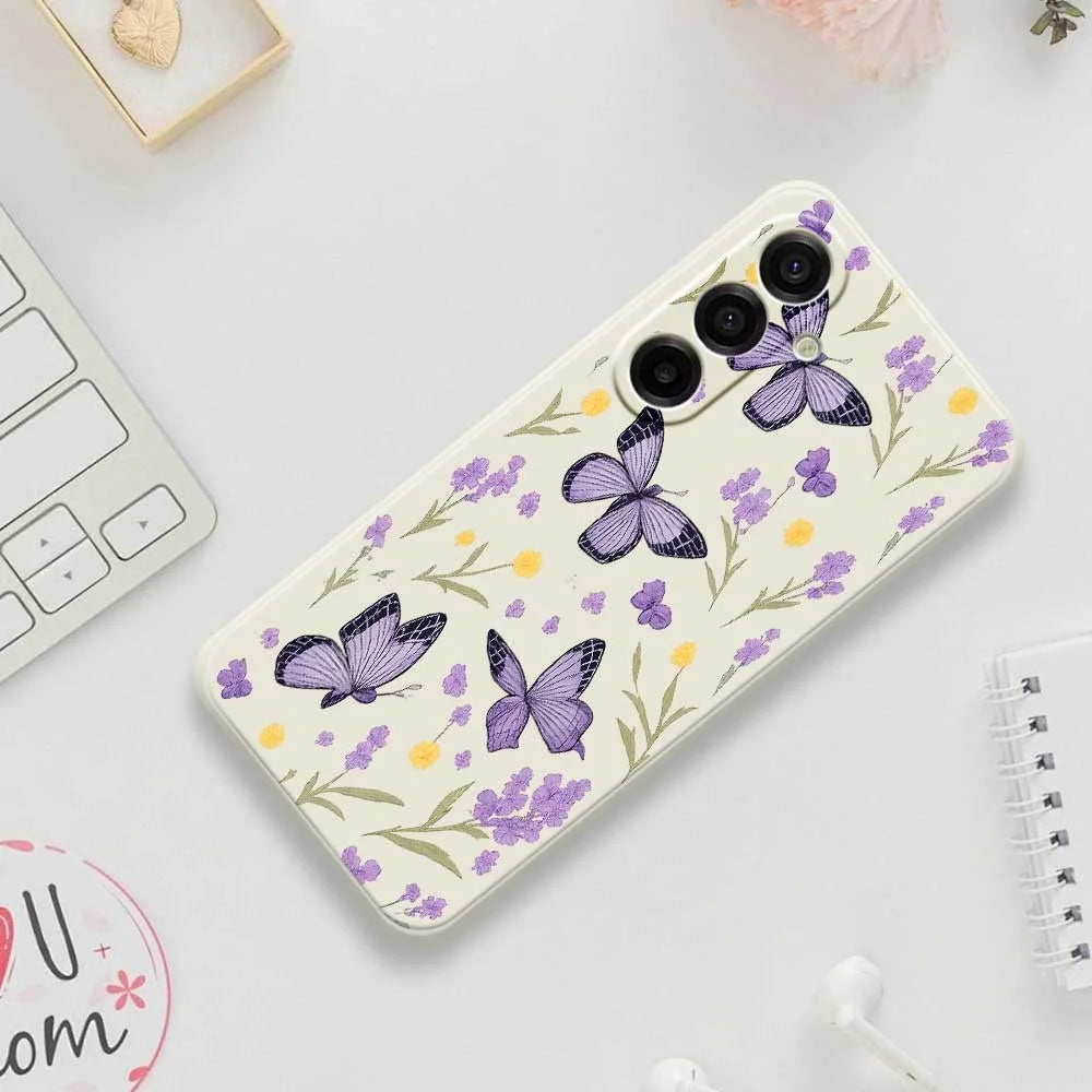 For Samsung Galaxy A18 5G / A18 4G / A17 5G / A17 4G Case Purple Butterflies Pattern Printing Straight Edge TPU Phone Back Cover - Beige - 7