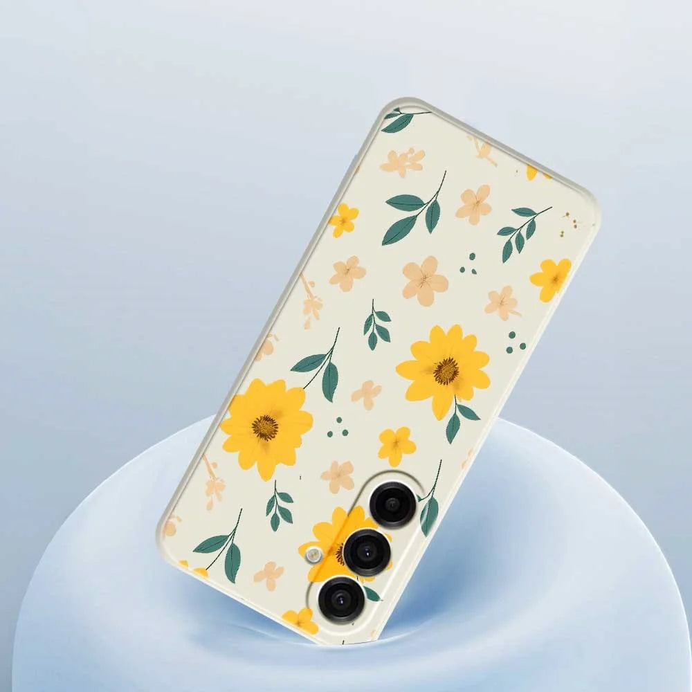 For Samsung Galaxy A18 5G / A18 4G / A17 5G / A17 4G Case Yellow Floral and Leaves Pattern Printing Straight Edge TPU Phone Back Cover - Beige - 5