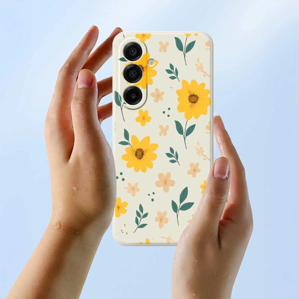 For Samsung Galaxy A18 5G / A18 4G / A17 5G / A17 4G Case Yellow Floral and Leaves Pattern Printing Straight Edge TPU Phone Back Cover - Beige - 6