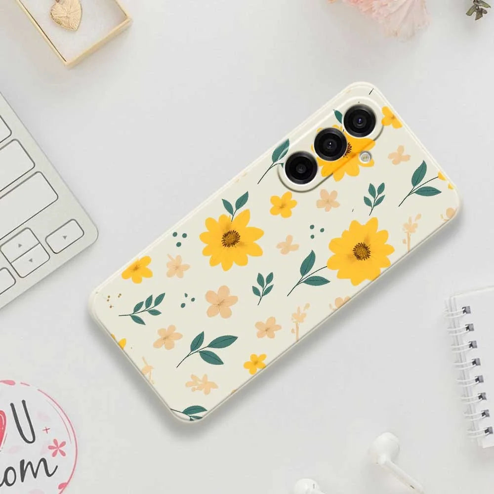 For Samsung Galaxy A18 5G / A18 4G / A17 5G / A17 4G Case Yellow Floral and Leaves Pattern Printing Straight Edge TPU Phone Back Cover - Beige - 7