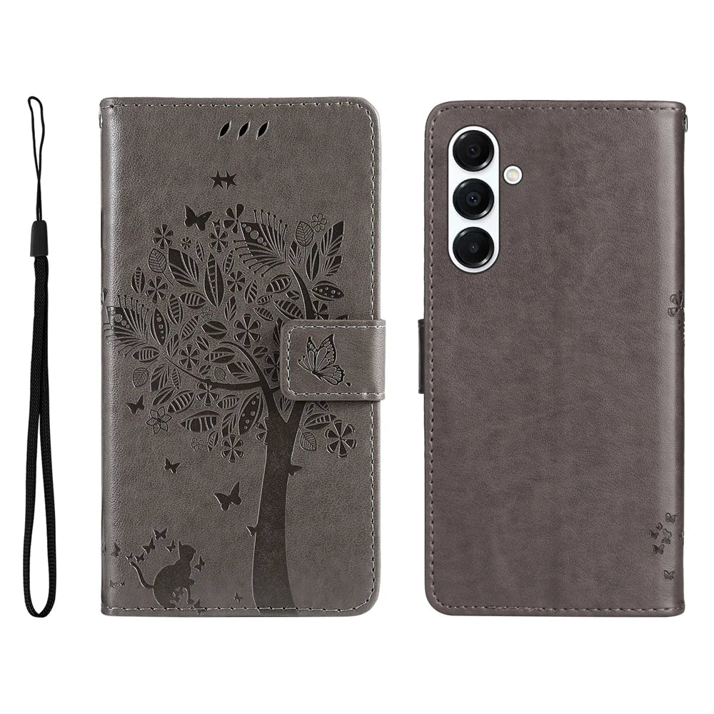 For Samsung Galaxy A18 5G / A17 5G / A26 5G / A16 5G  / A16 4G  Phone Case with Stand Cat Tree Pattern Leather Wallet Mobile Cover - Grey - 1