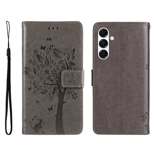 For Samsung Galaxy A18 5G / A17 5G / A26 5G / A16 5G  / A16 4G  Phone Case with Stand Cat Tree Pattern Leather Wallet Mobile Cover - Grey - 1