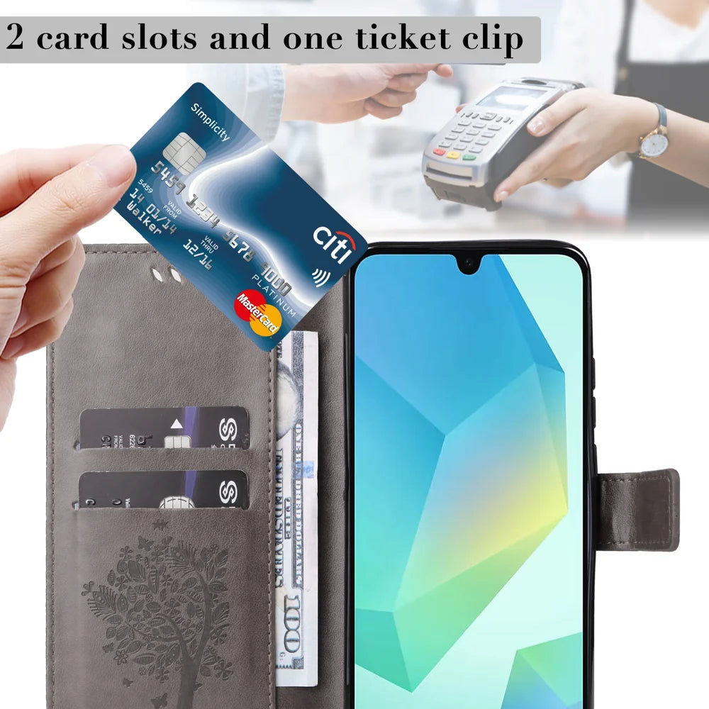 For Samsung Galaxy A18 5G / A17 5G / A26 5G / A16 5G  / A16 4G  Phone Case with Stand Cat Tree Pattern Leather Wallet Mobile Cover - Grey - 6