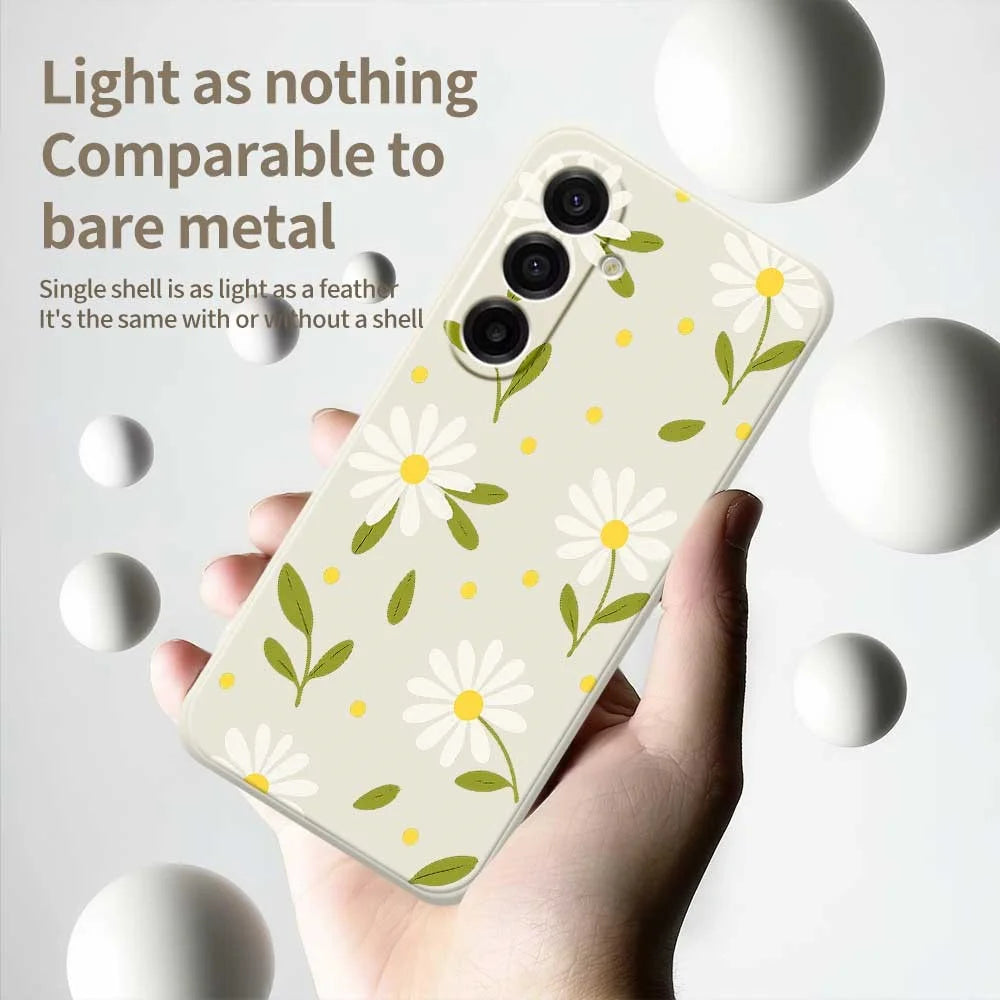 For Samsung Galaxy A18 5G / A18 4G / A17 5G / A17 4G Case White Flowers Green Leaves Pattern Printing Straight Edge TPU Phone Back Cover - Beige - 4