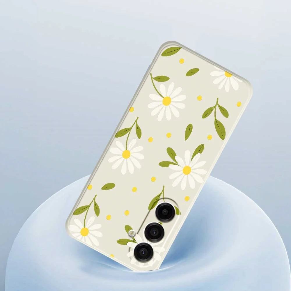 For Samsung Galaxy A18 5G / A18 4G / A17 5G / A17 4G Case White Flowers Green Leaves Pattern Printing Straight Edge TPU Phone Back Cover - Beige - 5