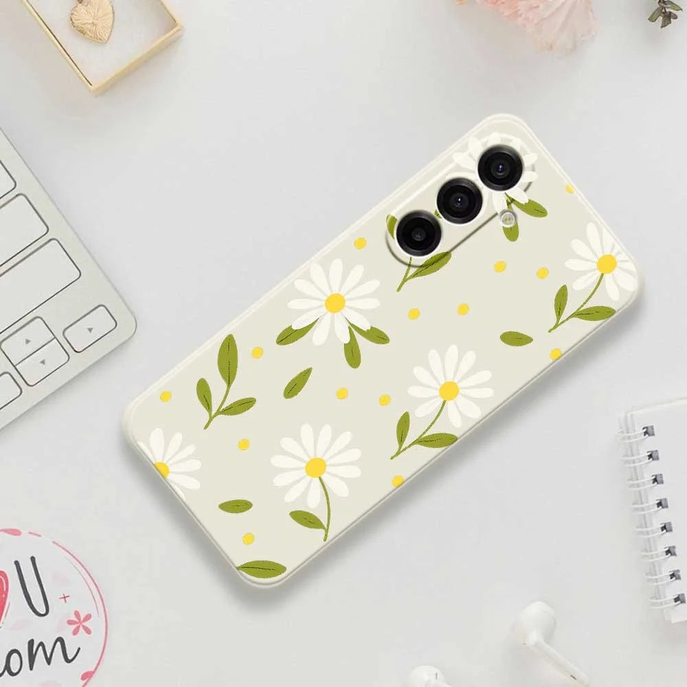For Samsung Galaxy A18 5G / A18 4G / A17 5G / A17 4G Case White Flowers Green Leaves Pattern Printing Straight Edge TPU Phone Back Cover - Beige - 7