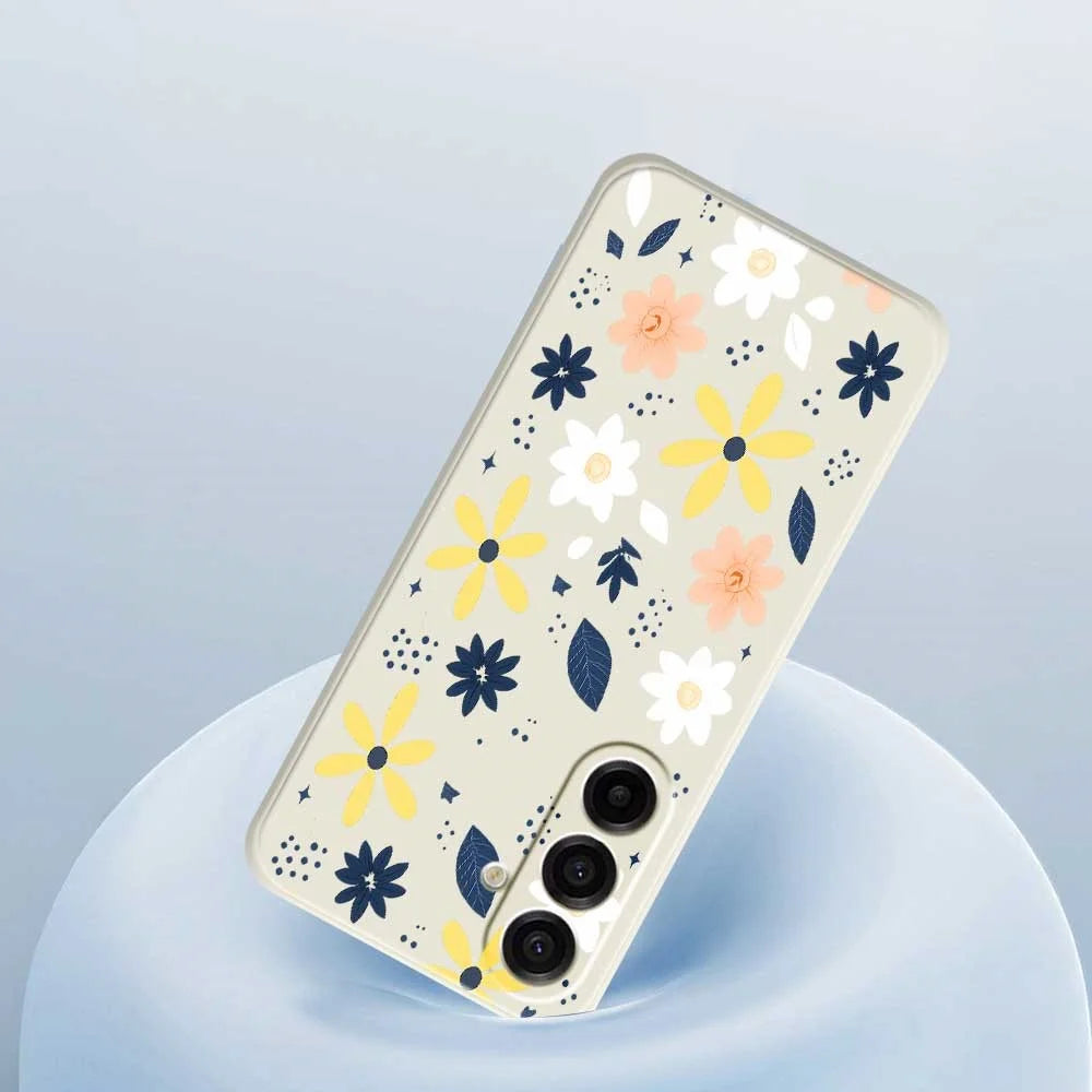 For Samsung Galaxy A18 5G / A18 4G / A17 5G / A17 4G Case Colorful Floral Blue Leaves Pattern Printing Straight Edge TPU Phone Back Cover - Beige - 5