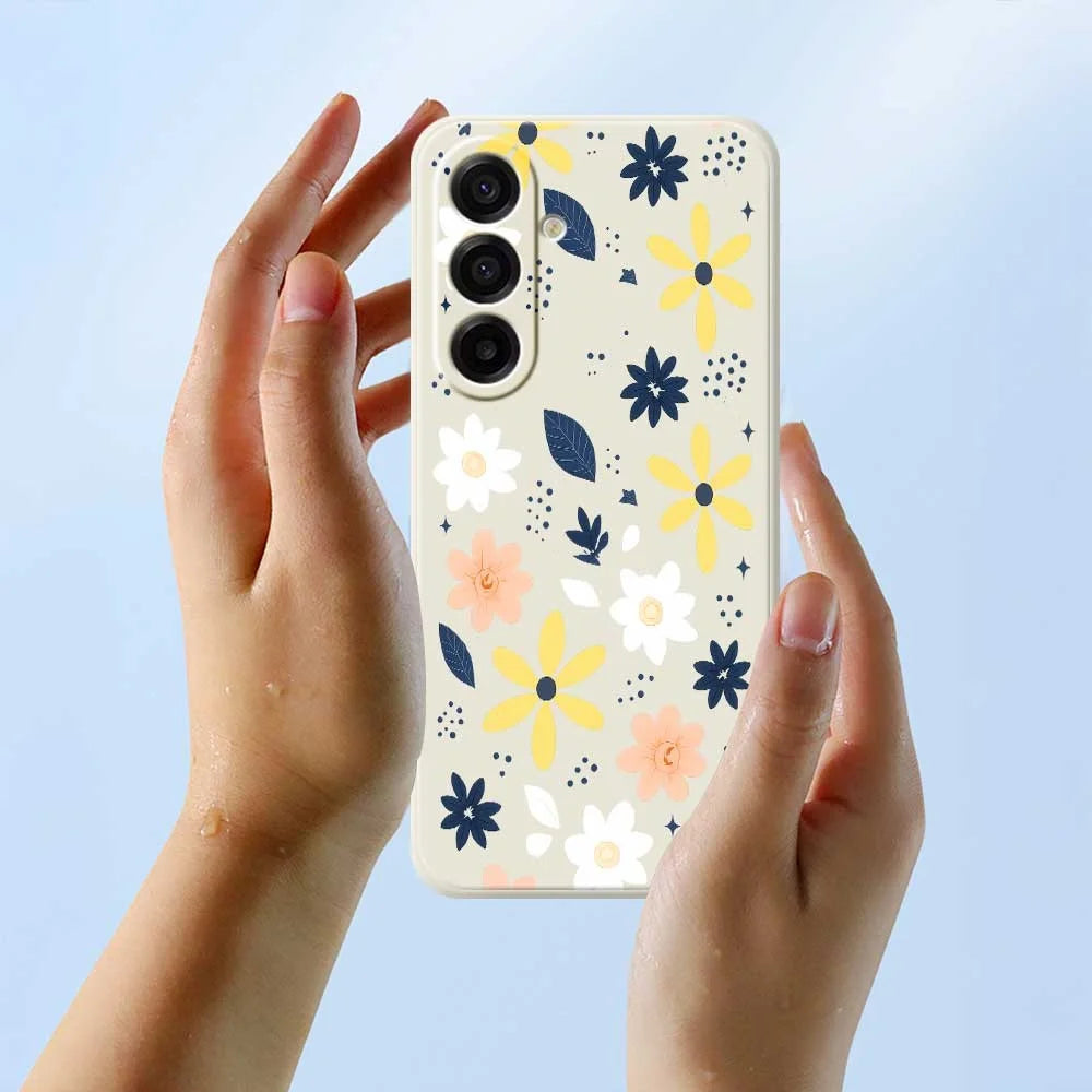 For Samsung Galaxy A18 5G / A18 4G / A17 5G / A17 4G Case Colorful Floral Blue Leaves Pattern Printing Straight Edge TPU Phone Back Cover - Beige - 6