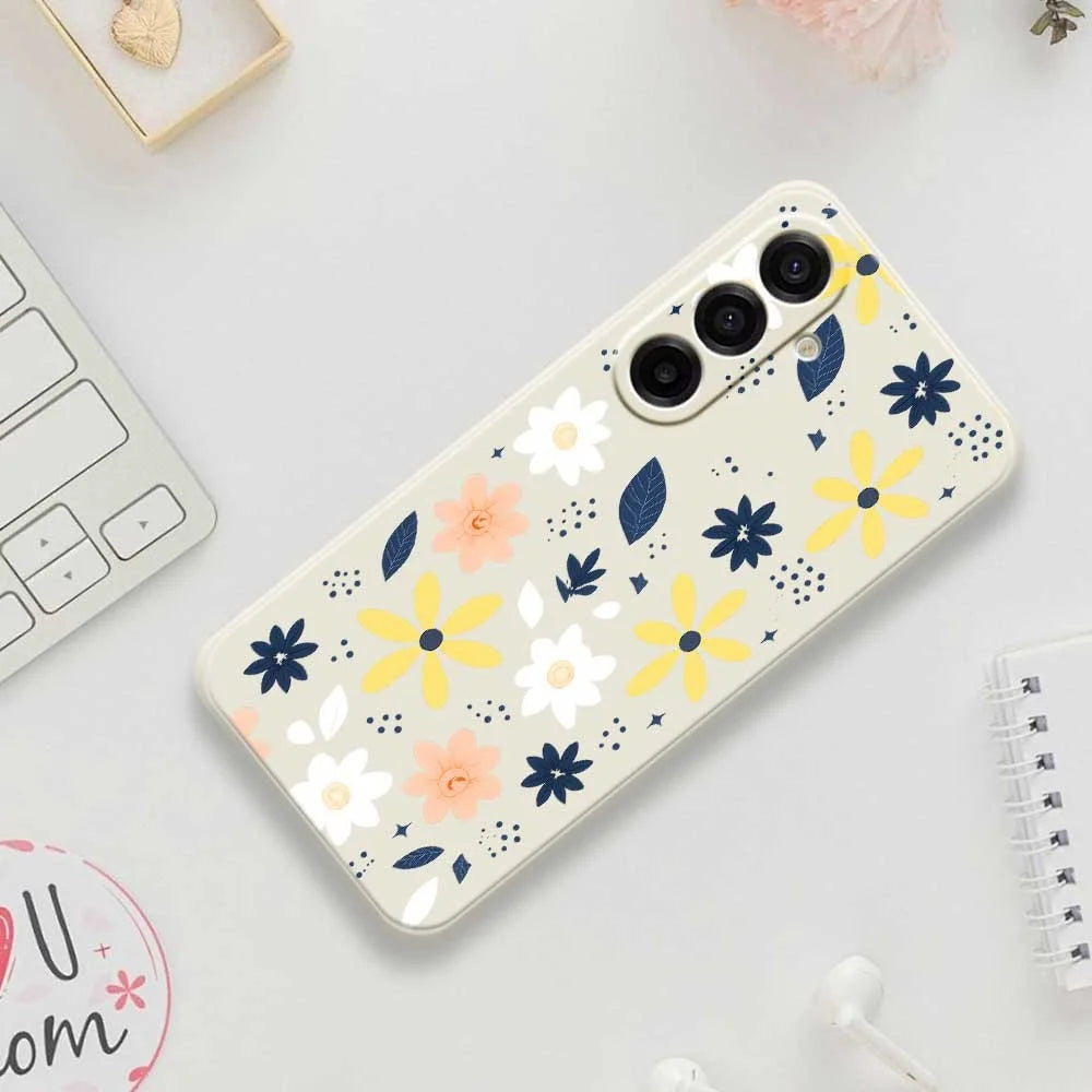 For Samsung Galaxy A18 5G / A18 4G / A17 5G / A17 4G Case Colorful Floral Blue Leaves Pattern Printing Straight Edge TPU Phone Back Cover - Beige - 7