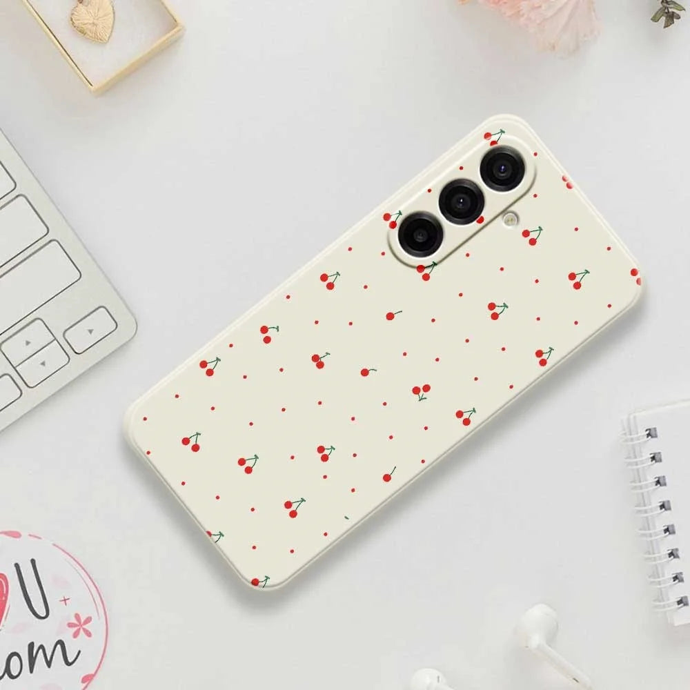 For Samsung Galaxy A18 5G / A18 4G / A17 5G / A17 4G Case Red Cherry Pattern Printing Straight Edge TPU Phone Back Cover - Beige - 7