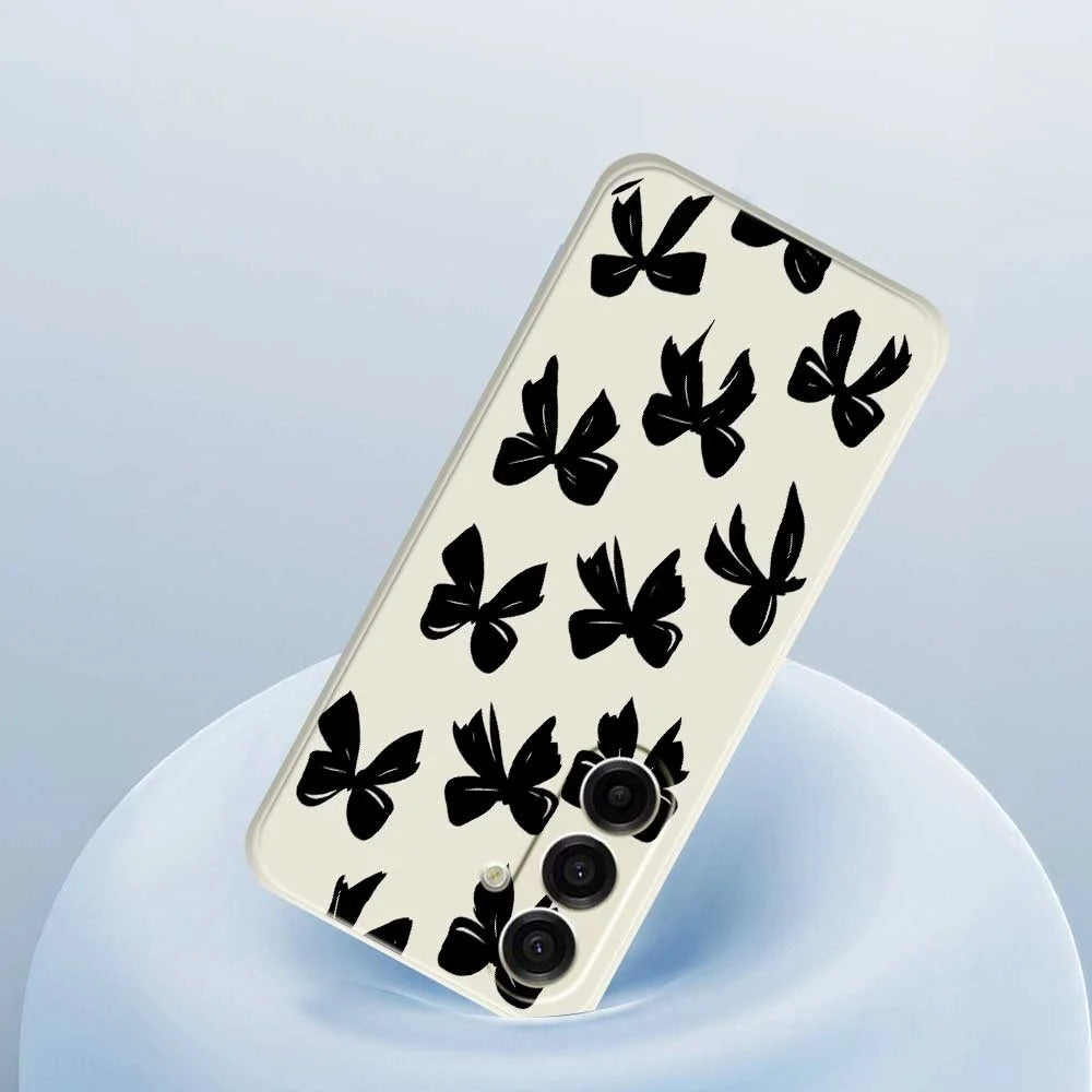 For Samsung Galaxy A18 5G / A18 4G / A17 5G / A17 4G Case Black Bow Pattern Printing Straight Edge TPU Phone Back Cover - Beige - 5