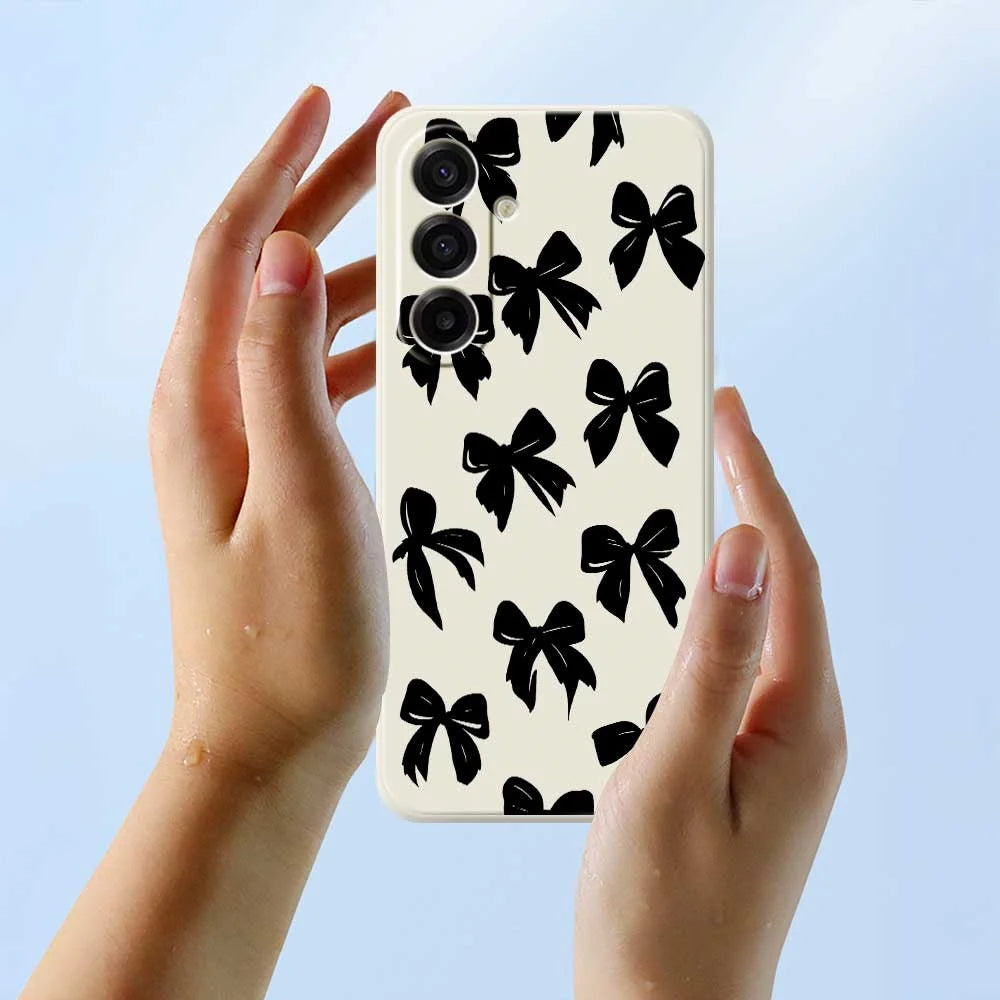 For Samsung Galaxy A18 5G / A18 4G / A17 5G / A17 4G Case Black Bow Pattern Printing Straight Edge TPU Phone Back Cover - Beige - 6