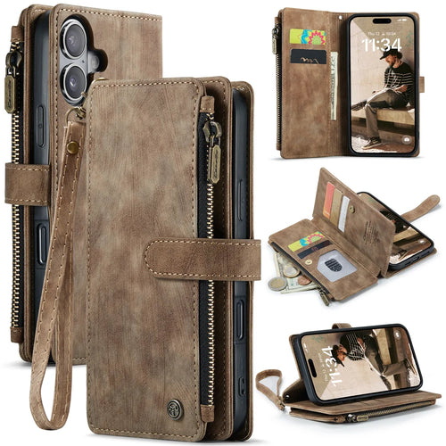 CASEME For iPhone 17 Wallet Case  C30 Leather Phone Cover with 10 Card Holder Zipper Pocket - Brown - 1