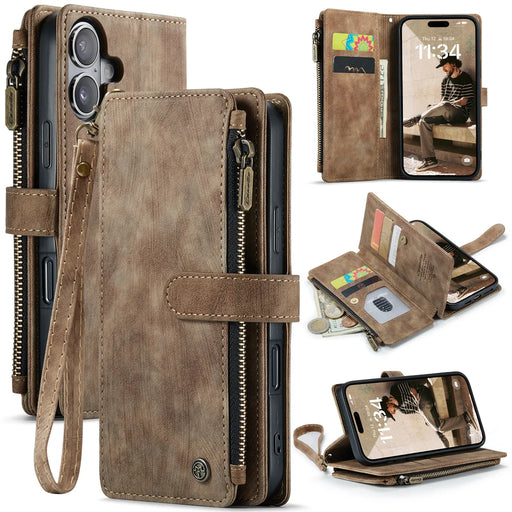 CASEME For iPhone 17 Wallet Case  C30 Leather Phone Cover with 10 Card Holder Zipper Pocket - Brown - 1