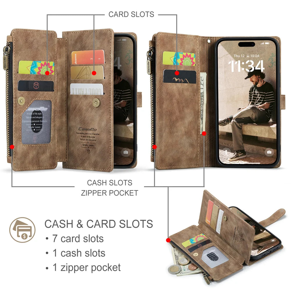 CASEME For iPhone 17 Wallet Case  C30 Leather Phone Cover with 10 Card Holder Zipper Pocket - Brown - 3