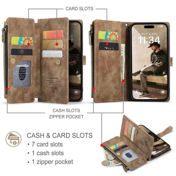 CASEME For iPhone 17 Wallet Case  C30 Leather Phone Cover with 10 Card Holder Zipper Pocket - Brown - 3