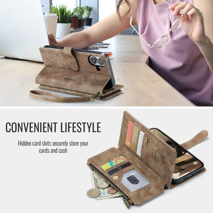 CASEME For iPhone 17 Wallet Case  C30 Leather Phone Cover with 10 Card Holder Zipper Pocket - Brown - 4