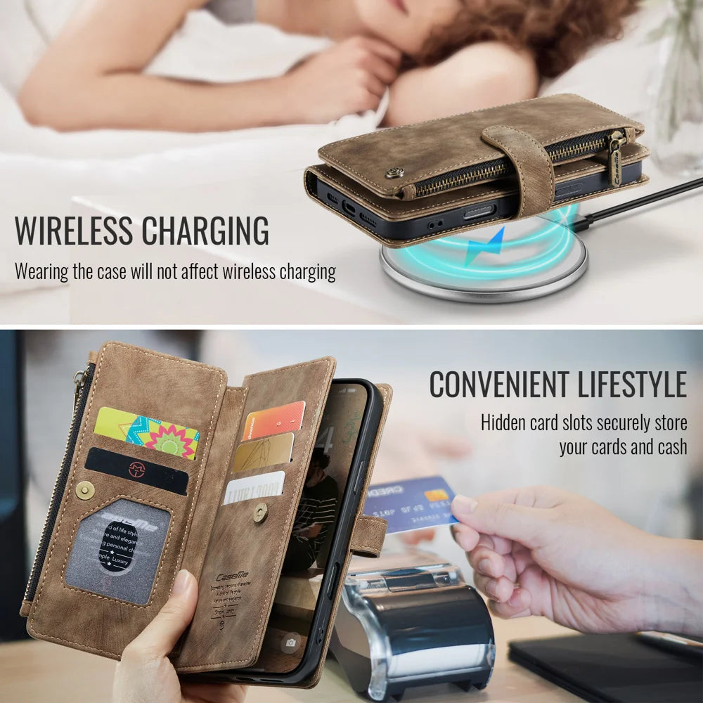 CASEME For iPhone 17 Wallet Case  C30 Leather Phone Cover with 10 Card Holder Zipper Pocket - Brown - 6