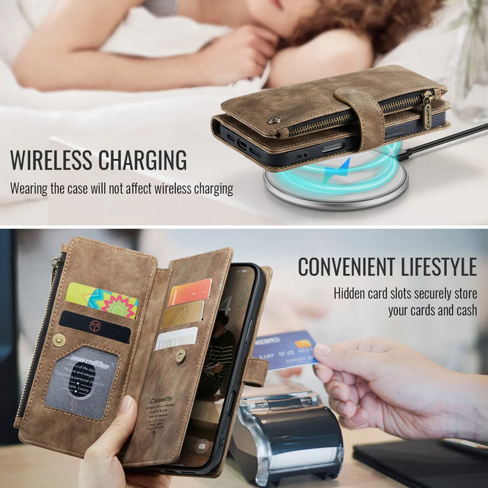 CASEME For iPhone 17 Wallet Case  C30 Leather Phone Cover with 10 Card Holder Zipper Pocket - Brown - 6