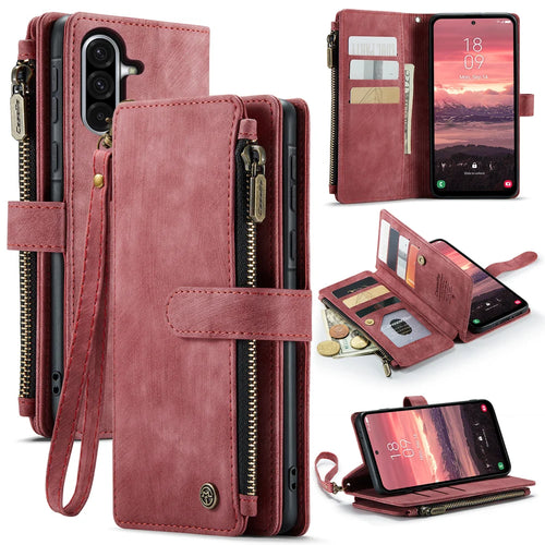 CASEME For Samsung Galaxy A18 5G / A18 4G / A17 5G / A17 4G Phone Cases with Strap  C30 Zipper Multiple Card Holder PU Leather Cover - Red - 1