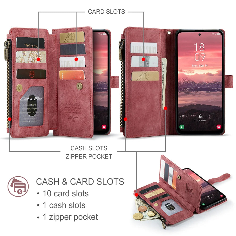 CASEME For Samsung Galaxy A18 5G / A18 4G / A17 5G / A17 4G Phone Cases with Strap  C30 Zipper Multiple Card Holder PU Leather Cover - Red - 3