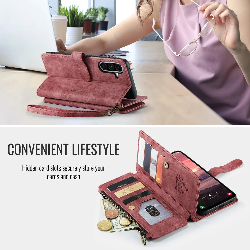 CASEME For Samsung Galaxy A18 5G / A18 4G / A17 5G / A17 4G Phone Cases with Strap  C30 Zipper Multiple Card Holder PU Leather Cover - Red - 4