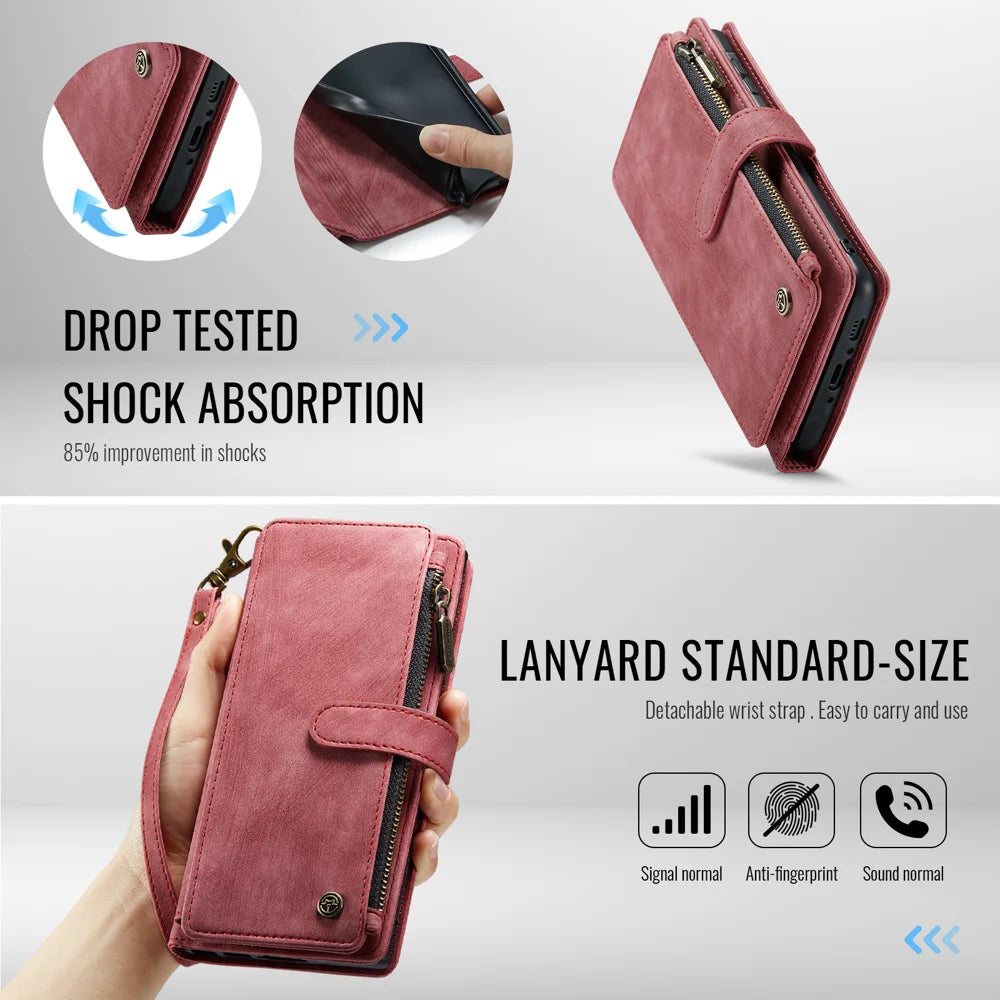 CASEME For Samsung Galaxy A18 5G / A18 4G / A17 5G / A17 4G Phone Cases with Strap  C30 Zipper Multiple Card Holder PU Leather Cover - Red - 5