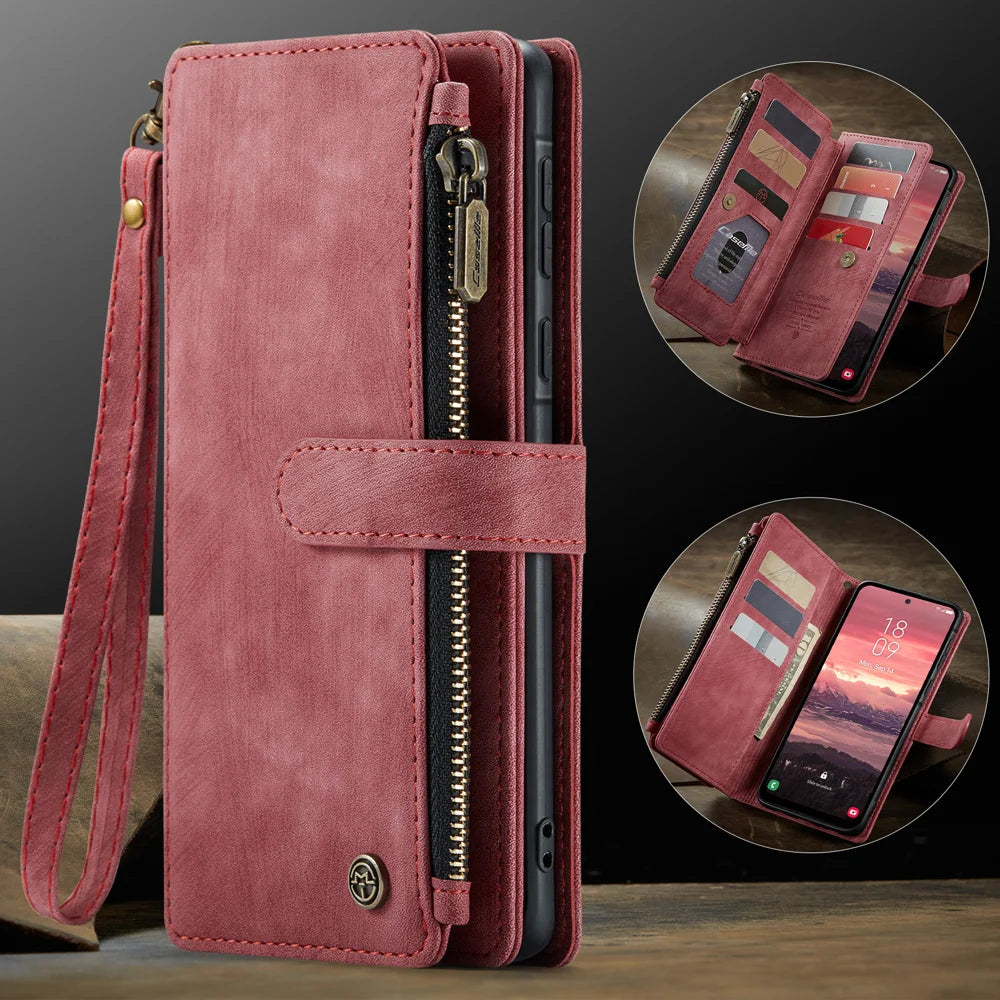 CASEME For Samsung Galaxy A18 5G / A18 4G / A17 5G / A17 4G Phone Cases with Strap  C30 Zipper Multiple Card Holder PU Leather Cover - Red - 6