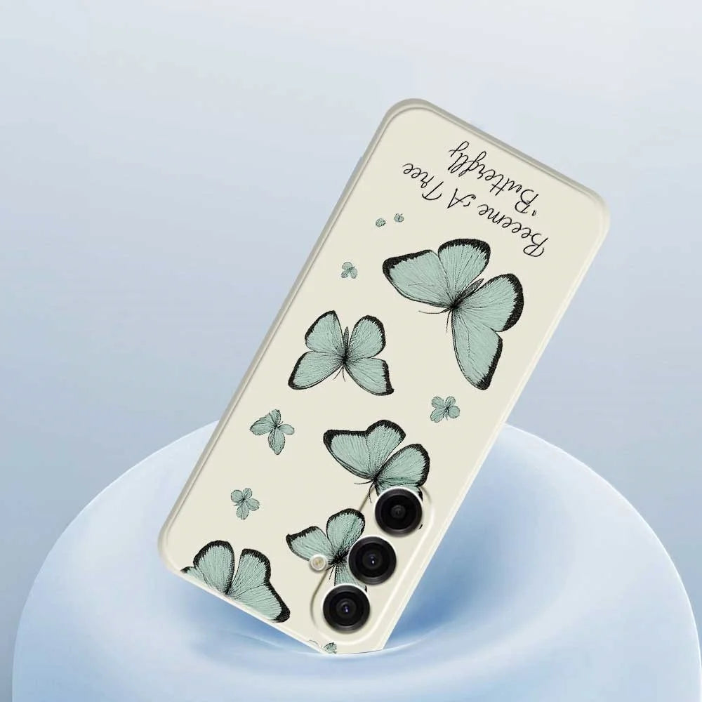 For Samsung Galaxy A18 5G / A18 4G / A17 5G / A17 4G Case Green Butterfly Pattern Printing Straight Edge TPU Phone Back Cover - Beige - 4