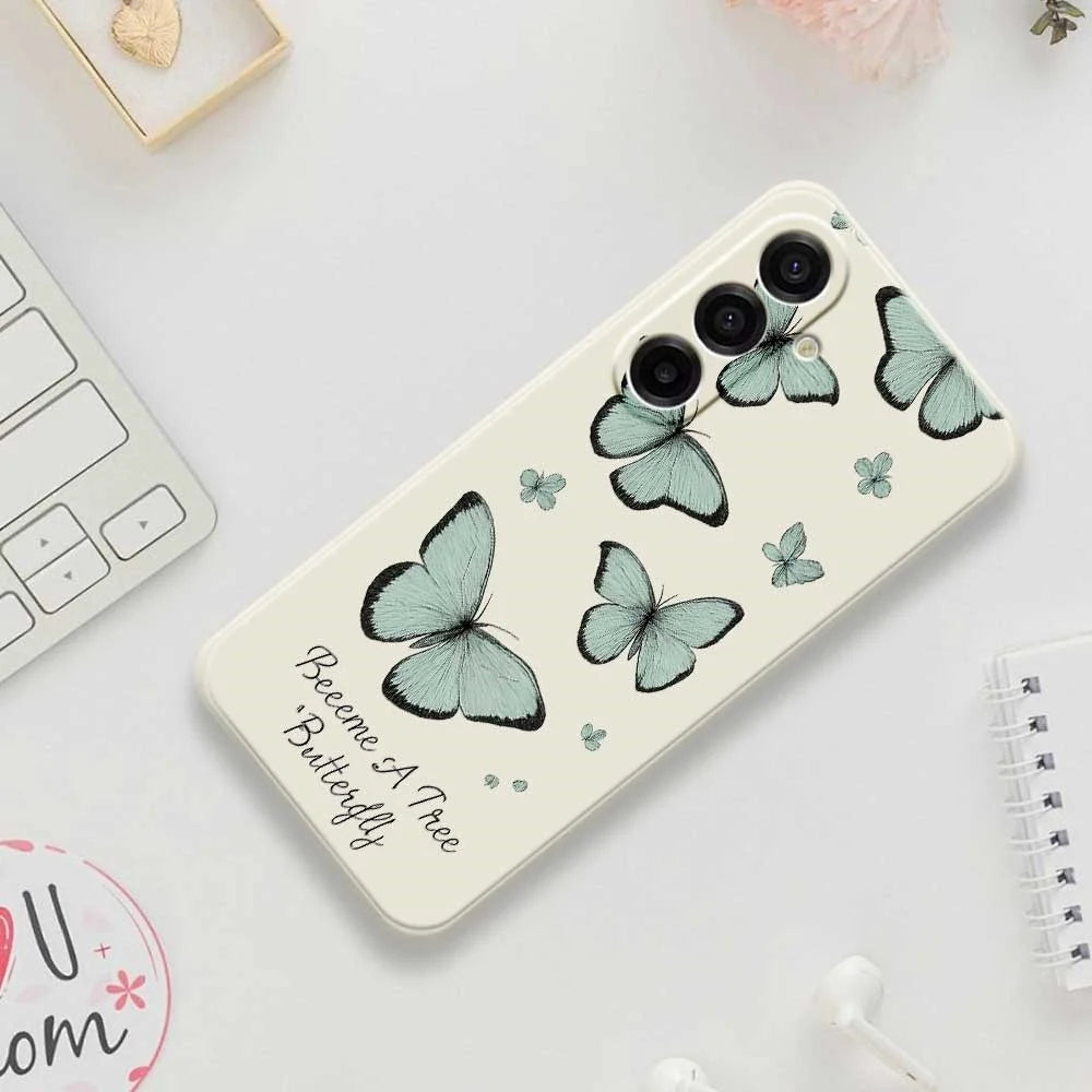 For Samsung Galaxy A18 5G / A18 4G / A17 5G / A17 4G Case Green Butterfly Pattern Printing Straight Edge TPU Phone Back Cover - Beige - 7