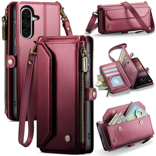 CASEME For Samsung Galaxy A18 5G / A18 4G / A17 5G / A17 4G Leather Case  C36 Zipper 10 Card Slots Phone Cover with Straps - Red - 1