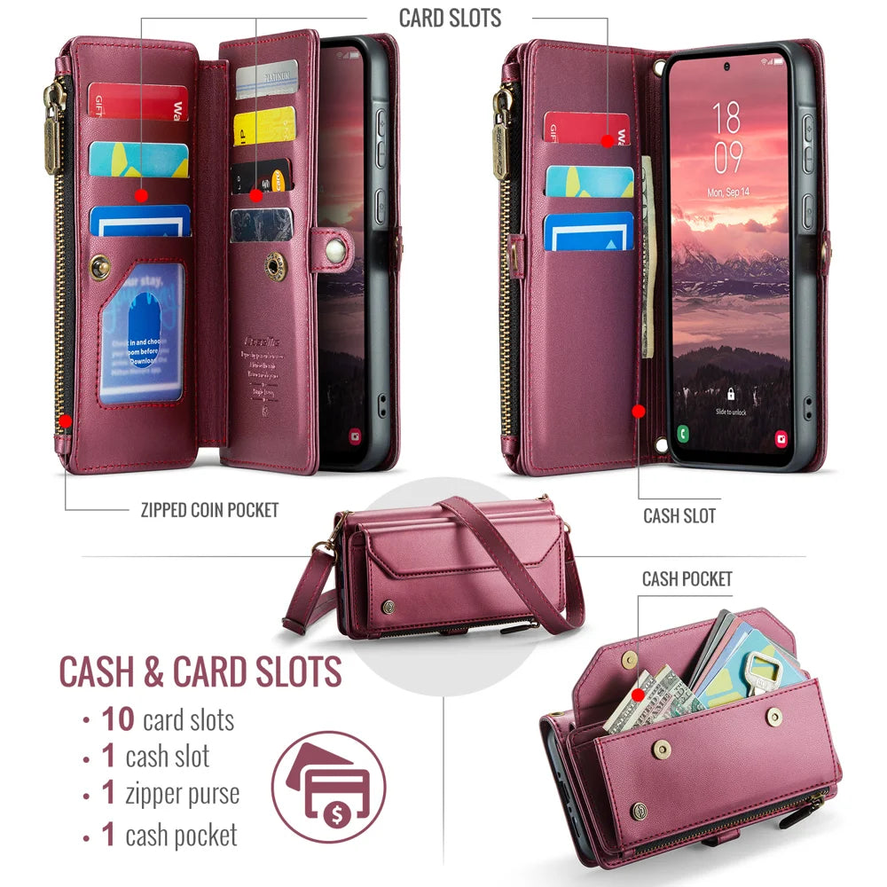 CASEME For Samsung Galaxy A18 5G / A18 4G / A17 5G / A17 4G Leather Case  C36 Zipper 10 Card Slots Phone Cover with Straps - Red - 2