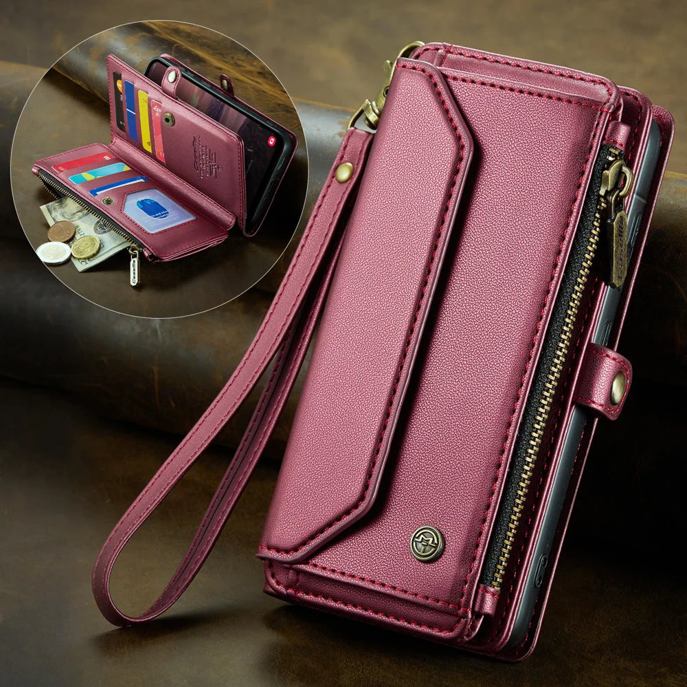 CASEME For Samsung Galaxy A18 5G / A18 4G / A17 5G / A17 4G Leather Case  C36 Zipper 10 Card Slots Phone Cover with Straps - Red - 4