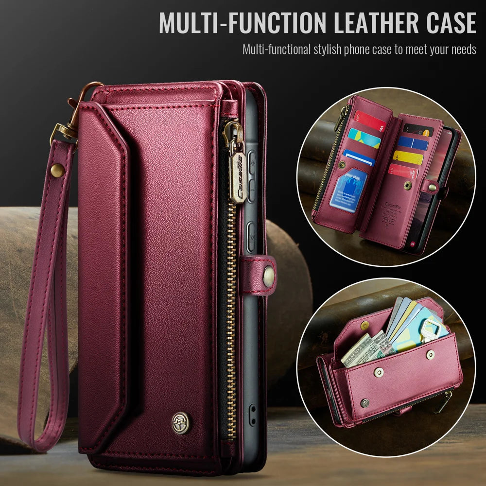 CASEME For Samsung Galaxy A18 5G / A18 4G / A17 5G / A17 4G Leather Case  C36 Zipper 10 Card Slots Phone Cover with Straps - Red - 7