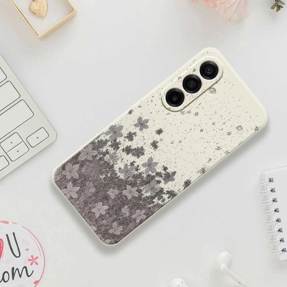 For Samsung Galaxy A18 5G / A18 4G / A17 5G / A17 4G Case Grey Flowers Pattern Printing Straight Edge TPU Phone Back Cover - Beige - 7