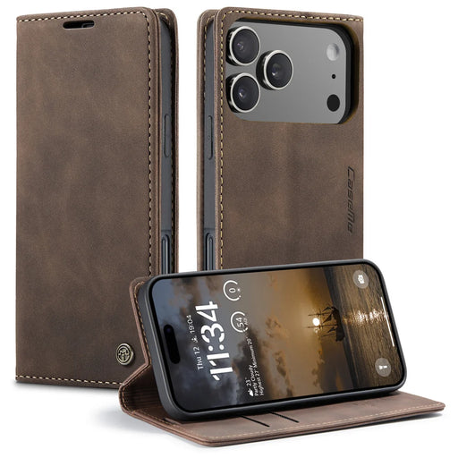 CASEME For iPhone 18 Pro / 17 Pro Wallet Case  013 Series PU Leather Phone Cover Stand - Coffee - 1