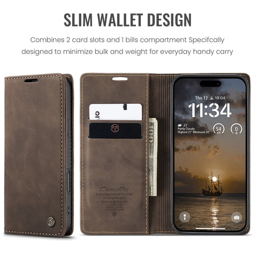 CASEME For iPhone 18 Pro / 17 Pro Wallet Case  013 Series PU Leather Phone Cover Stand - Coffee - 2
