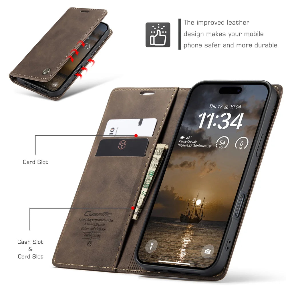 CASEME For iPhone 18 Pro / 17 Pro Wallet Case  013 Series PU Leather Phone Cover Stand - Coffee - 3