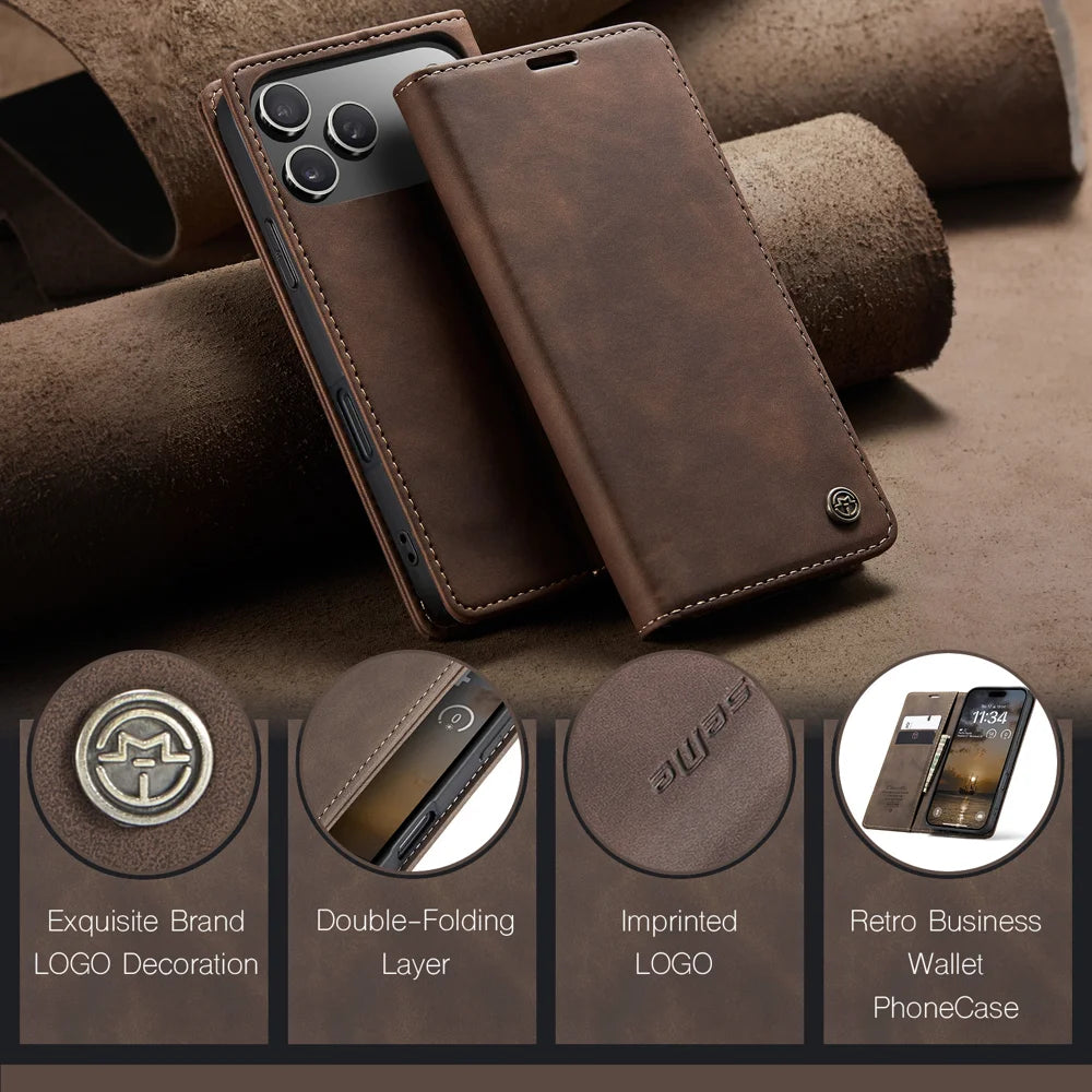 CASEME For iPhone 18 Pro / 17 Pro Wallet Case  013 Series PU Leather Phone Cover Stand - Coffee - 4