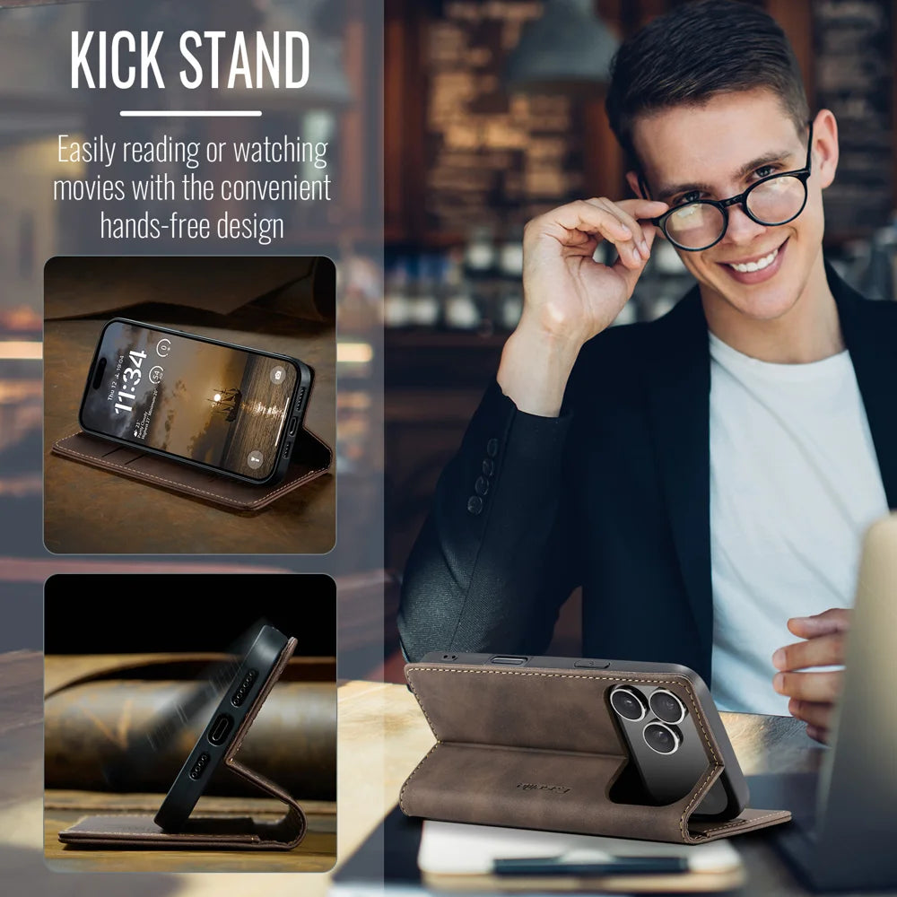 CASEME For iPhone 18 Pro / 17 Pro Wallet Case  013 Series PU Leather Phone Cover Stand - Coffee - 5
